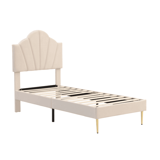 Cama de criança em veludo - 90x200cm - cabeceira em forma de concha - Bege