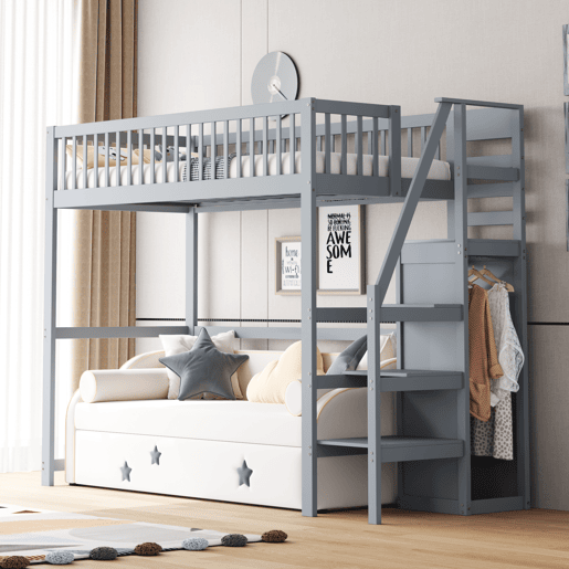 Cama mezzanine em madeira 90x200cm - com roupeiro - Cinzento
