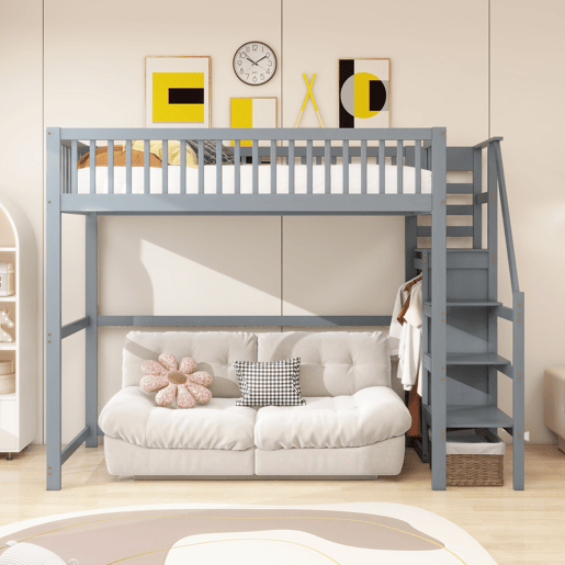 Cama mezzanine em madeira 90x200cm - com roupeiro - Cinzento