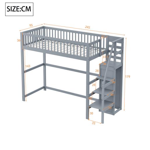 Cama mezzanine em madeira 90x200cm - com roupeiro - Cinzento