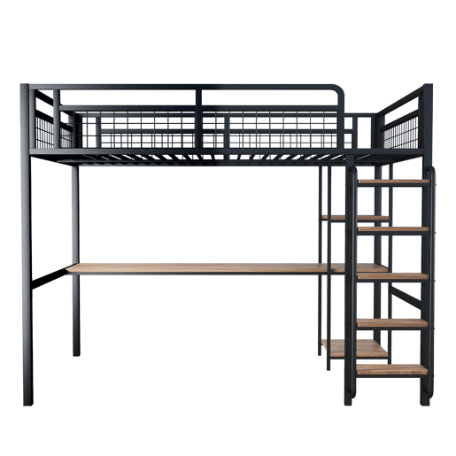 Cama alta metálica 140x200 cm - com secretária e escada de segurança - Preto