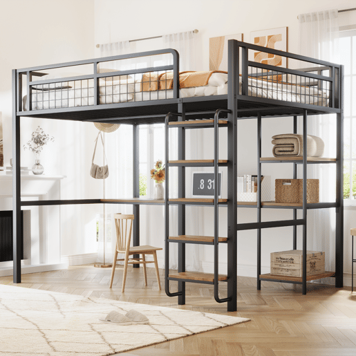 Cama alta metálica 140x200 cm - com secretária e escada de segurança - Preto