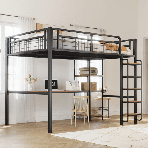 Cama alta metálica 140x200 cm - com secretária e escada de segurança - Preto