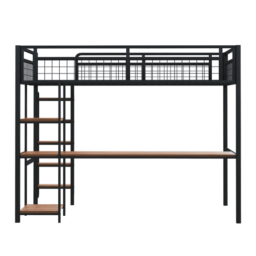 Cama alta metálica 140x200 cm - com secretária e escada de segurança - Preto