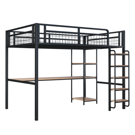 Cama alta metálica 140x200 cm - com secretária e escada de segurança - Preto