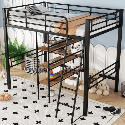 Cama alta 90x200 cm - com secretária e prateleiras para arrumação - Preto