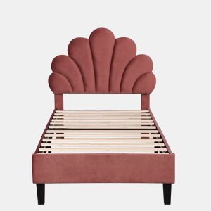 Cama individual estofada em veludo - 90x200cm - cabeceira em forma de flor - com estrado de ripas - Vermelho