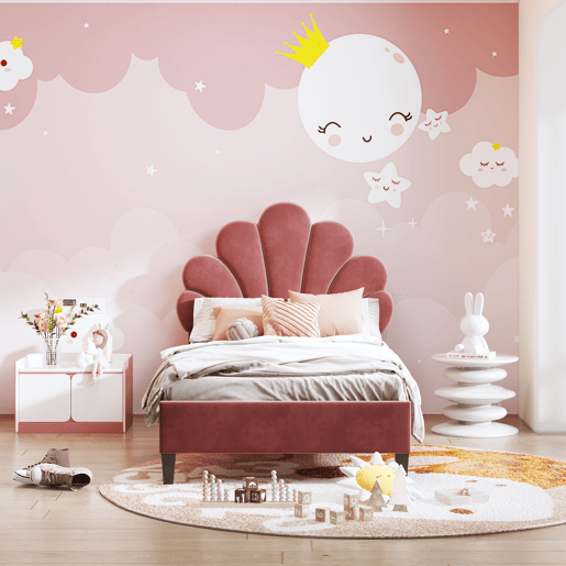 Cama individual estofada em veludo - 90x200cm - cabeceira em forma de flor - com estrado de ripas - Vermelho