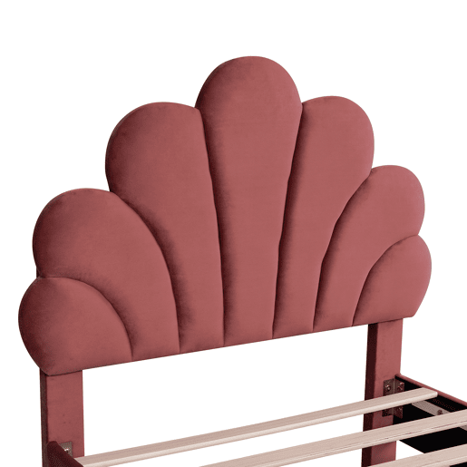 Cama individual estofada em veludo - 90x200cm - cabeceira em forma de flor - com estrado de ripas - Vermelho