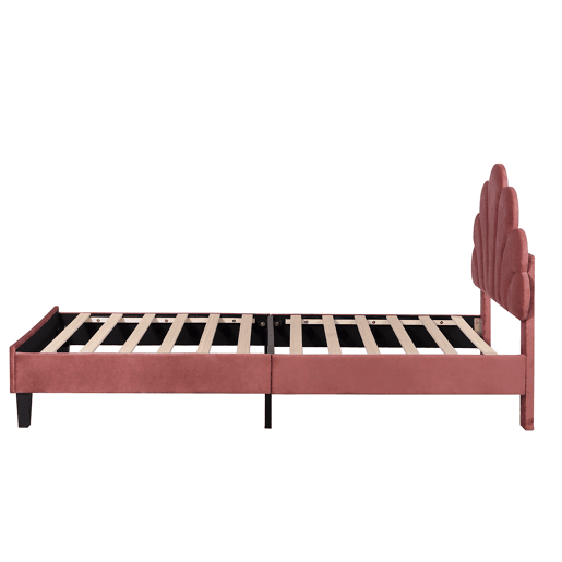 Cama individual estofada em veludo - 90x200cm - cabeceira em forma de flor - com estrado de ripas - Vermelho