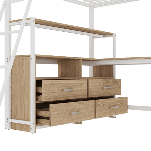 Cama alta 140x200cm - secretária de canto com gavetas - em MDF e metal - Branco