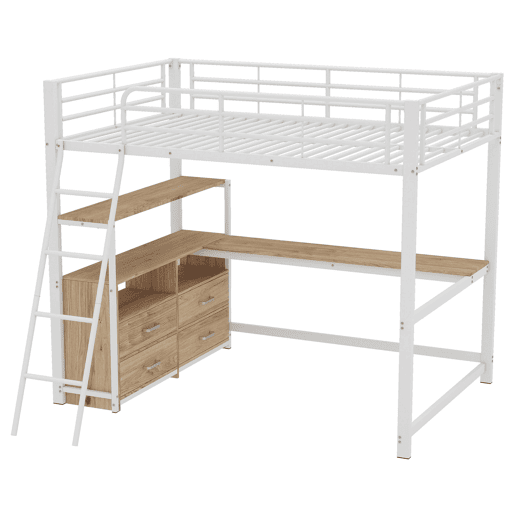 Cama alta 140x200cm - secretária de canto com gavetas - em MDF e metal - Branco