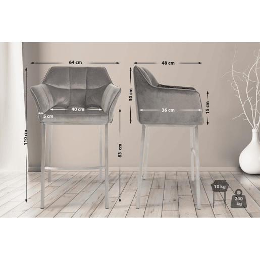 Taburete de bar Damaso de terciopelo con base de cuatro patas Gris 48X64X110 cm
