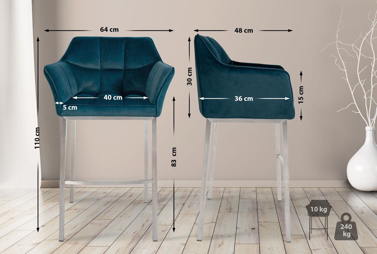 Taburete de bar damaso de terciopelo con base de cuatro patas verde 48x64x110 cm