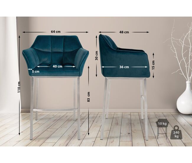 Taburete de bar damaso de terciopelo con base de cuatro patas verde 48x64x110 cm