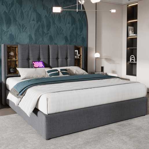 Cama almofadada para arrumação 140x200 cm - com cabeceira para arrumação e carregamento sem fios - tecido de algodão - Cinzento