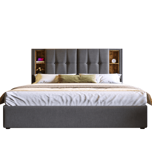 Cama almofadada para arrumação 140x200 cm - com cabeceira para arrumação e carregamento sem fios - tecido de algodão - Cinzento