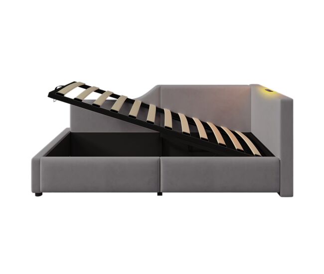 Cama contenedor 90x190cm - sofá cama de terciopelo - con luz de lectura y puertos de carga - con somier - gris