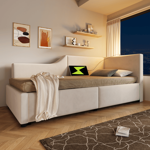 Contentor-cama 90x200cm - Sofá-cama em veludo - com luz de leitura e portas de carregamento - com estrado de molas - Bege