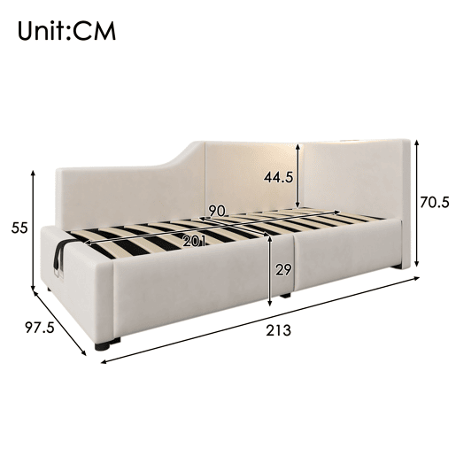 Contentor-cama 90x200cm - Sofá-cama em veludo - com luz de leitura e portas de carregamento - com estrado de molas - Bege
