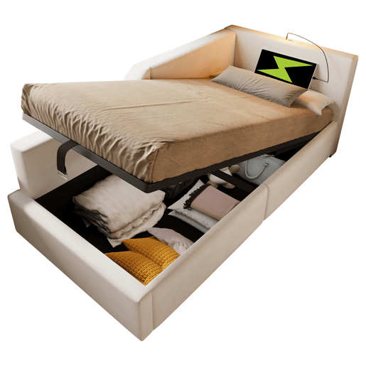 Contentor-cama 90x200cm - Sofá-cama em veludo - com luz de leitura e portas de carregamento - com estrado de molas - Bege