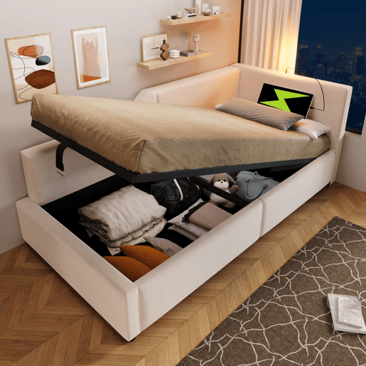 Contentor-cama 90x190cm - Sofá-cama em veludo - com luz de leitura e portas de carregamento - com base de ripas - Bege