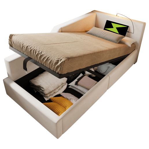 Contentor-cama 90x190cm - Sofá-cama em veludo - com luz de leitura e portas de carregamento - com base de ripas - Bege