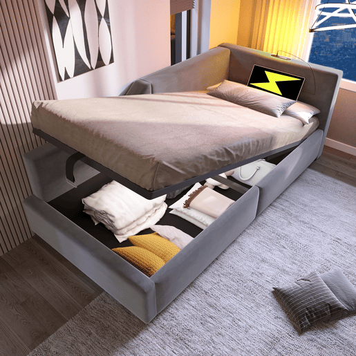Contentor-cama 90x200cm - Sofá-cama de veludo - com luz de leitura e portas de carregamento - com estrado de molas - Cinzento