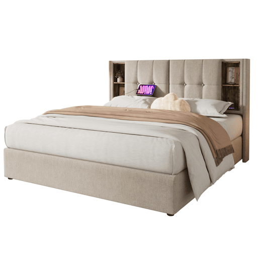 Cama acolchoada para arrumação 160x200 cm - com carregamento sem fios e cabeceira para arrumação - tecido de algodão - Bege
