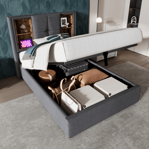 Cama contentora acolchoada 90x200 cm - com carregamento sem fios e cabeceira para arrumação - tecido de algodão - Cinzento