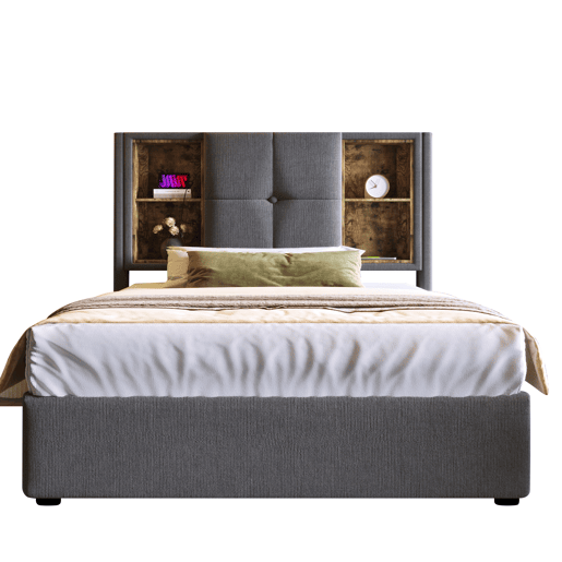 Cama contentora acolchoada 90x200 cm - com carregamento sem fios e cabeceira para arrumação - tecido de algodão - Cinzento
