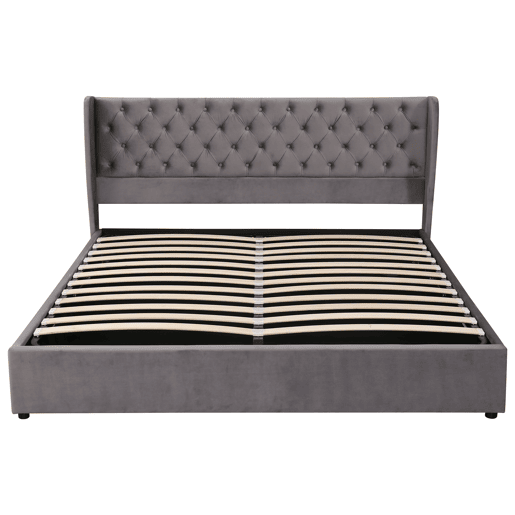Cama de contentor estofada em veludo 180x200 cm com estrado de ripas - Cinzento Cama de contentor estofada em veludo 180x200 cm com estrado de ripas - Cinzento