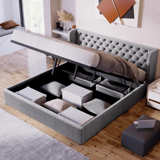 Cama de contentor estofada em veludo 180x200 cm com estrado de ripas - Cinzento Cama de contentor estofada em veludo 180x200 cm com estrado de ripas - Cinzento