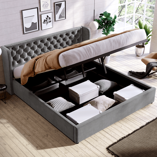 Cama de contentor estofada em veludo 180x200 cm com estrado de ripas - Cinzento Cama de contentor estofada em veludo 180x200 cm com estrado de ripas - Cinzento