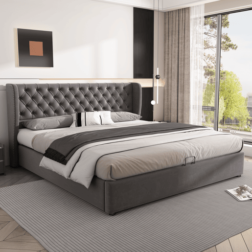 Cama de contentor estofada em veludo 180x200 cm com estrado de ripas - Cinzento Cama de contentor estofada em veludo 180x200 cm com estrado de ripas - Cinzento