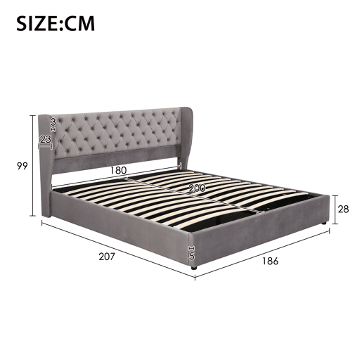 Cama de contentor estofada em veludo 180x200 cm com estrado de ripas - Cinzento Cama de contentor estofada em veludo 180x200 cm com estrado de ripas - Cinzento
