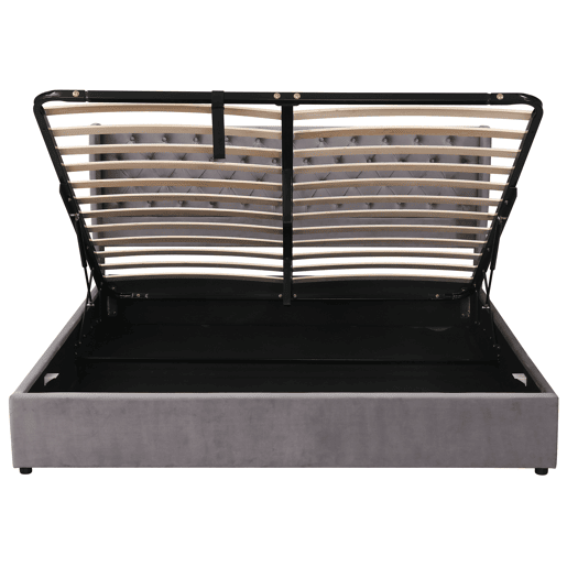 Cama de contentor estofada em veludo 180x200 cm com estrado de ripas - Cinzento Cama de contentor estofada em veludo 180x200 cm com estrado de ripas - Cinzento