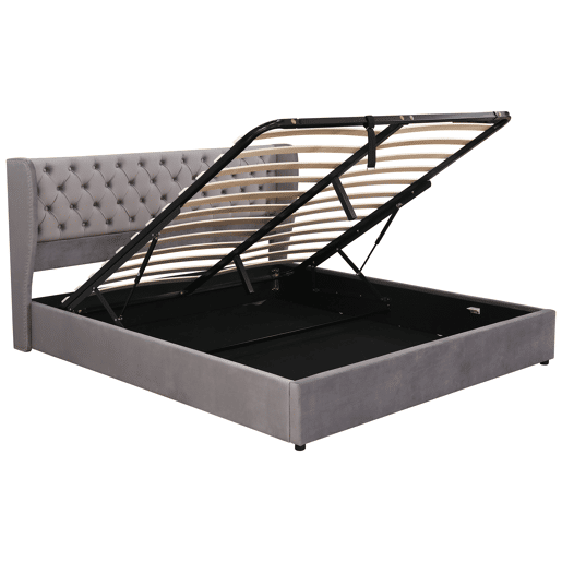 Cama de contentor estofada em veludo 180x200 cm com estrado de ripas - Cinzento Cama de contentor estofada em veludo 180x200 cm com estrado de ripas - Cinzento