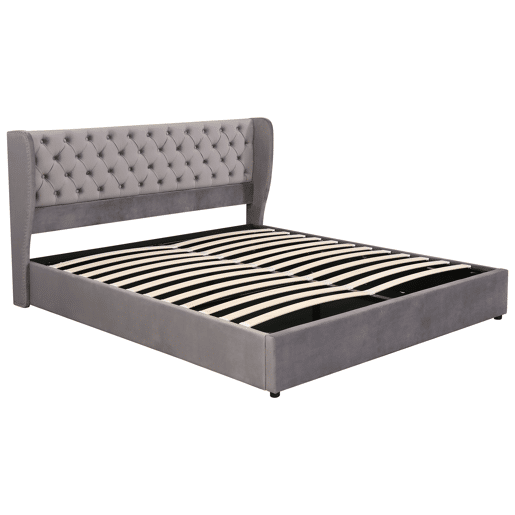Cama de contentor estofada em veludo 180x200 cm com estrado de ripas - Cinzento Cama de contentor estofada em veludo 180x200 cm com estrado de ripas - Cinzento