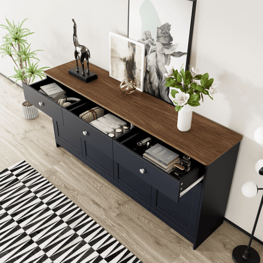 Aparador para sala de estar - 4 portas e 3 gavetas - aglomerado de partÃculas - Preto cinzento Aparador para sala de estar - 4 portas e 3 gavetas - aglomerado de partÃculas - Preto cinzento