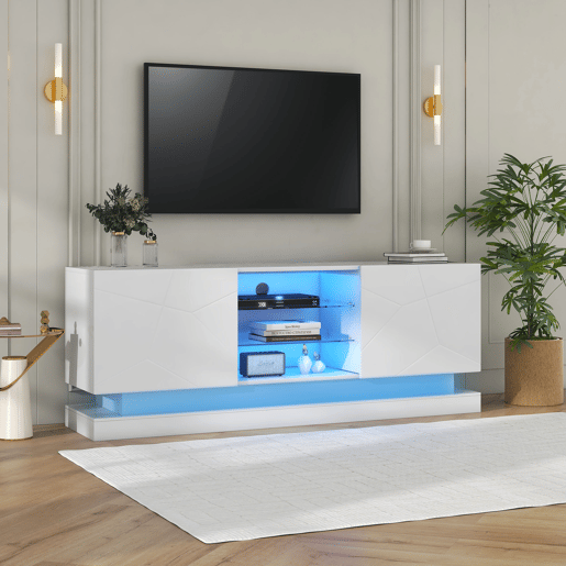 Móvel de TV moderno com LED colorido - adequado para TV de 70u201D - 2 portas e 3 prateleiras - Branco