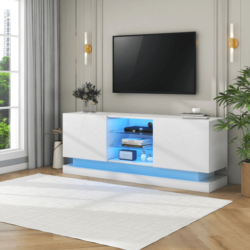 Móvel de TV moderno com LED colorido - adequado para TV de 70u201D - 2 portas e 3 prateleiras - Branco