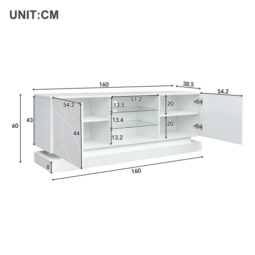 Móvel de TV moderno com LED colorido - adequado para TV de 70u201D - 2 portas e 3 prateleiras - Branco