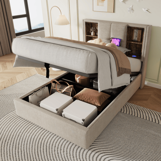 Sofá-cama estofado 90x200 cm - com cabeceira para arrumação e carregamento sem fios - tecido de linho - Bege