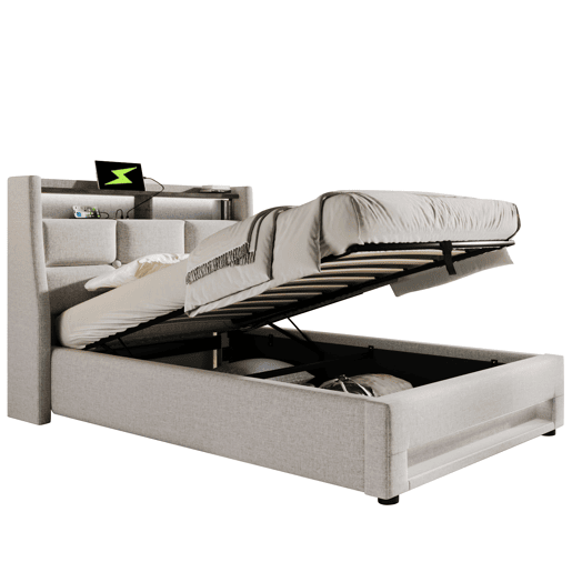 Cama para arrumação de roupa de cama 90x200 cm com LED e portas USB - estrado de ripas - bege