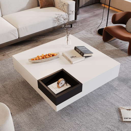 Mesa de centro quadrada com caixa de arrumação extraível - Luzes LED na parte inferior - Branco