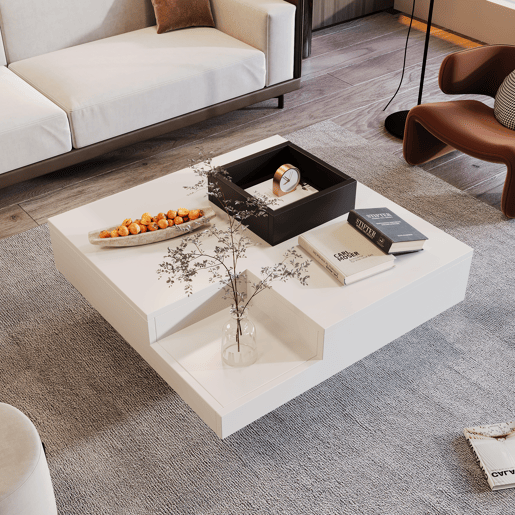 Mesa de centro quadrada com caixa de arrumação extraível - Luzes LED na parte inferior - Branco