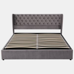 Cama de contentor estofada em veludo 160x200 cm com estrado de ripas - Cinzento