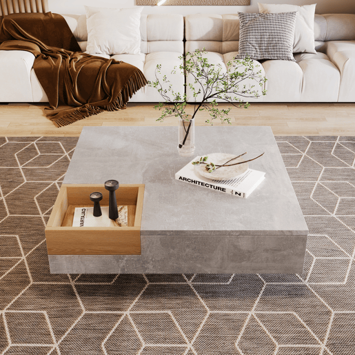 Mesa de centro quadrada com caixa de arrumação extraível - Cinzento claro Mesa de centro quadrada com caixa de arrumação extraível - Cinzento claro
