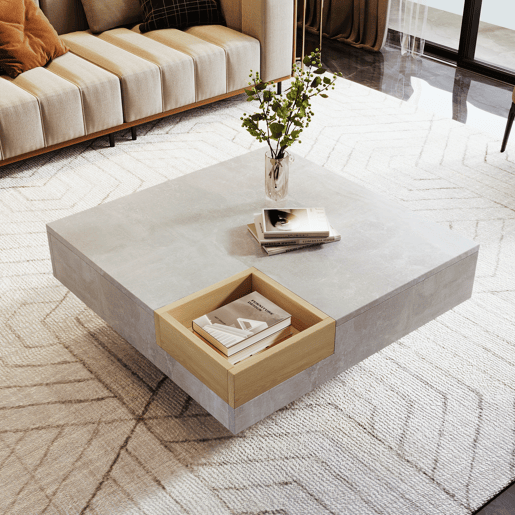 Mesa de centro quadrada com caixa de arrumação extraível - Cinzento claro Mesa de centro quadrada com caixa de arrumação extraível - Cinzento claro